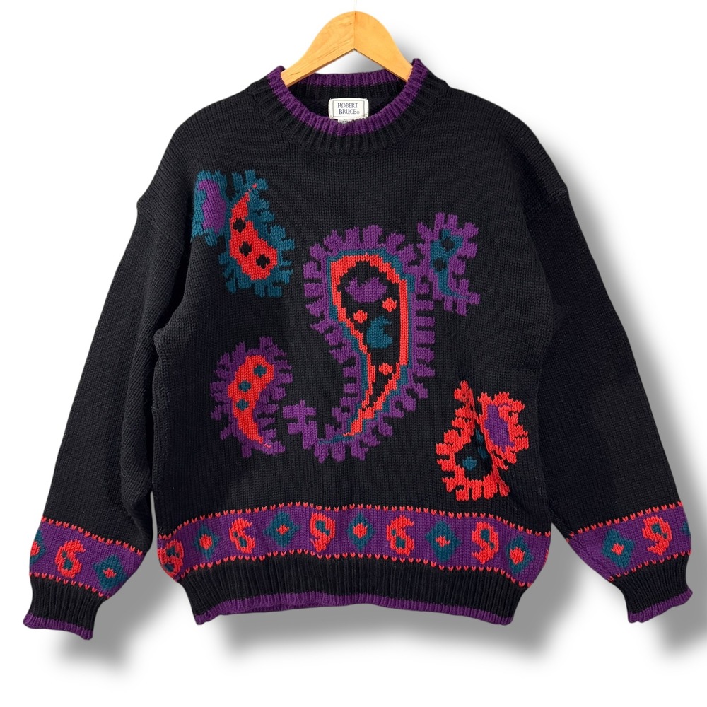 Vintage Robert Bruce Black Paisley Knit Sweater Pullover Long Sleeve Crew Neck